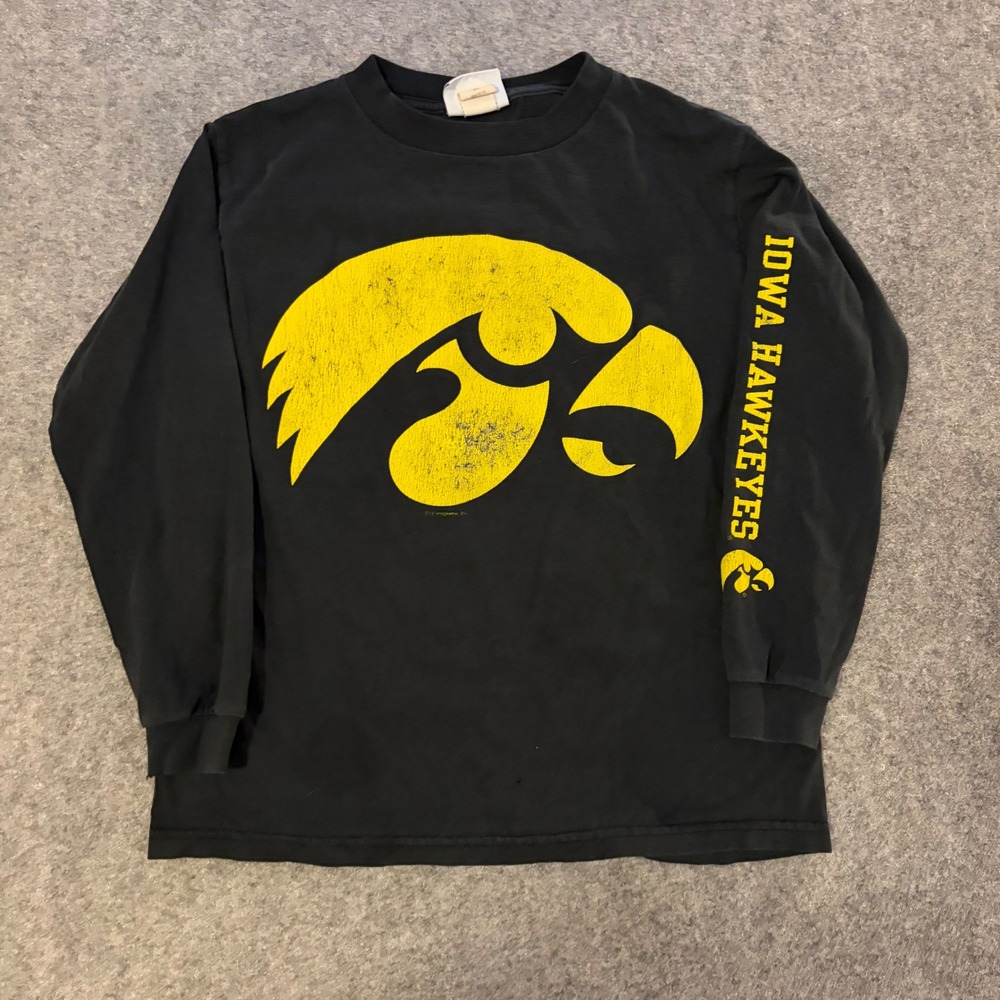 Y2K NCAA Iowa Hawkeyes Long Sleeve Shirt Kids Size M 10/12 Black Yellow Graphic